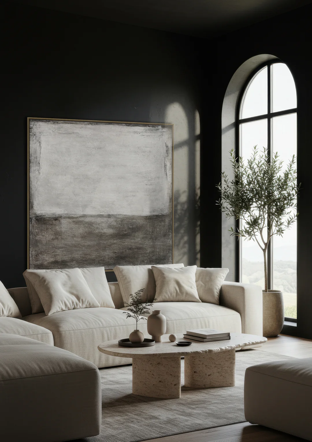 Lounge with window filled light creating shadows on modern interior furniture with the XL Ashen Framed Hessian Canvas on the wall